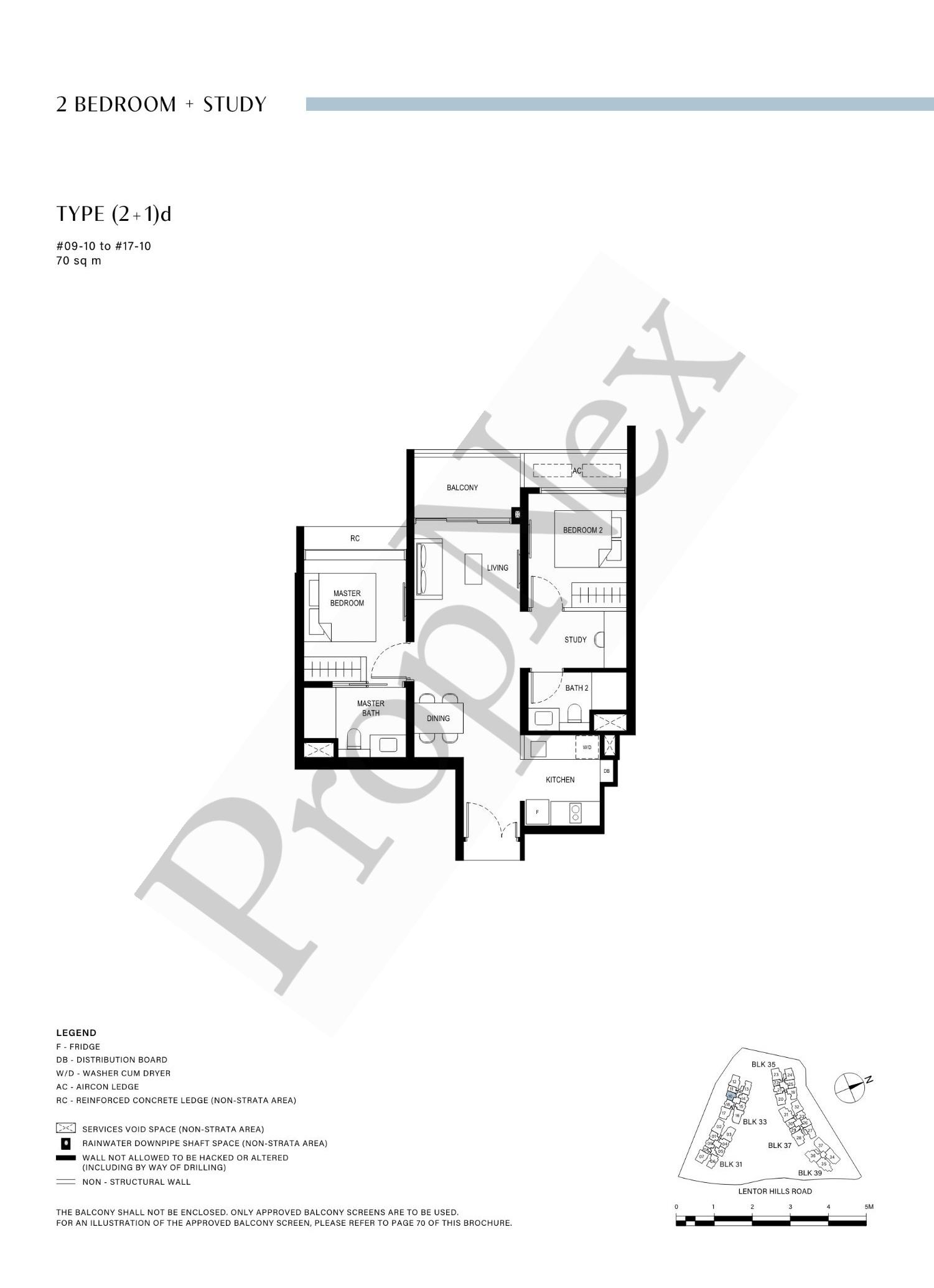 2 Bedroom + Study (2+1)d floor plan