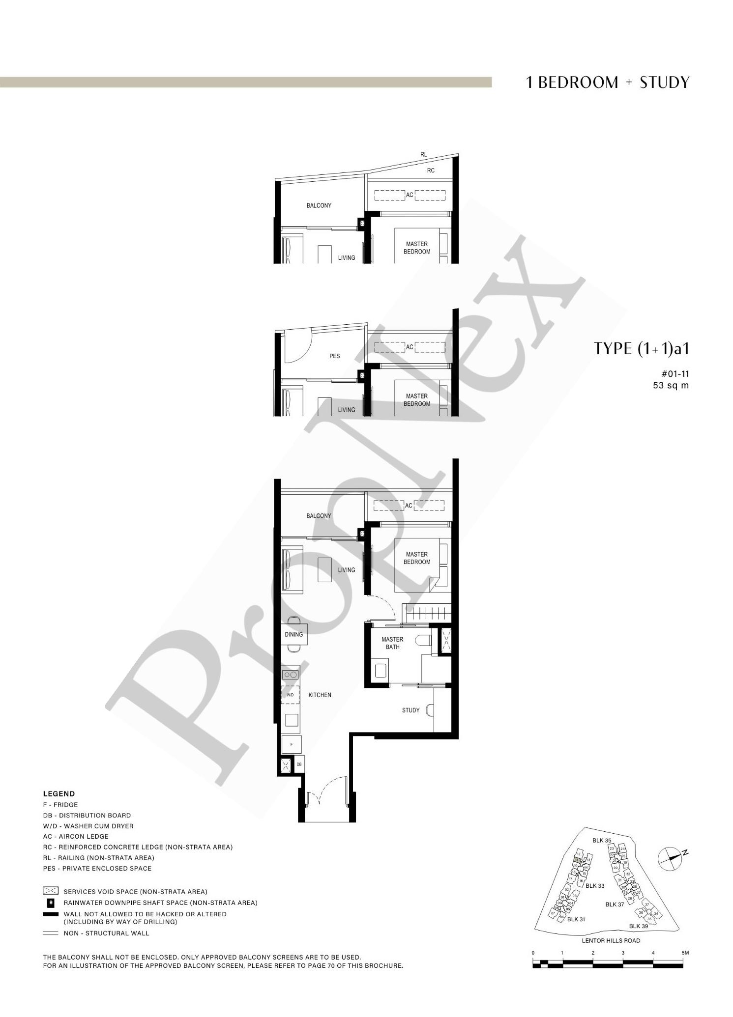 1 Bedroom + Study (1+1)a1 floor plan